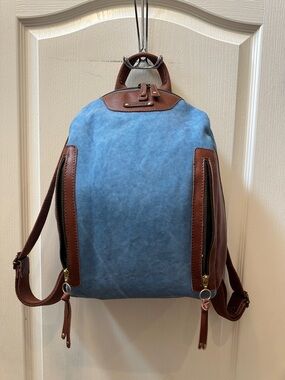 NWOT Blue Canvas Backpack with Brown Leather Trim